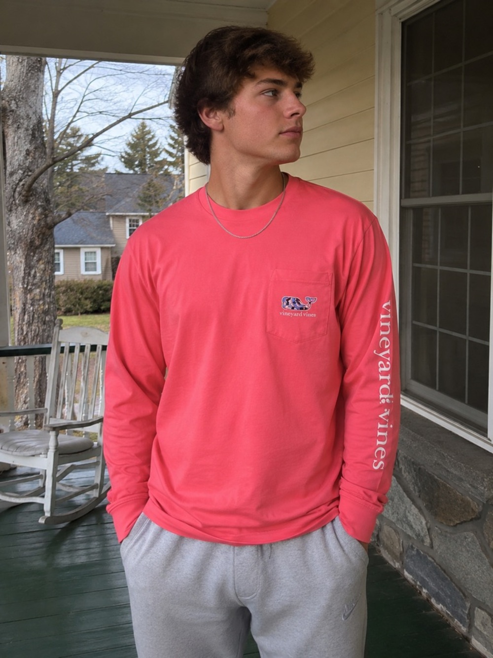 Vineyard Vines Men’s Coral Long Sleeve Pocket Tee – Small